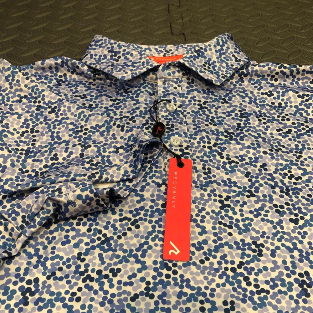REDVANLY Fourcy Polo Mens M Blue Lavender Abstract Dot‎ Performance R2521